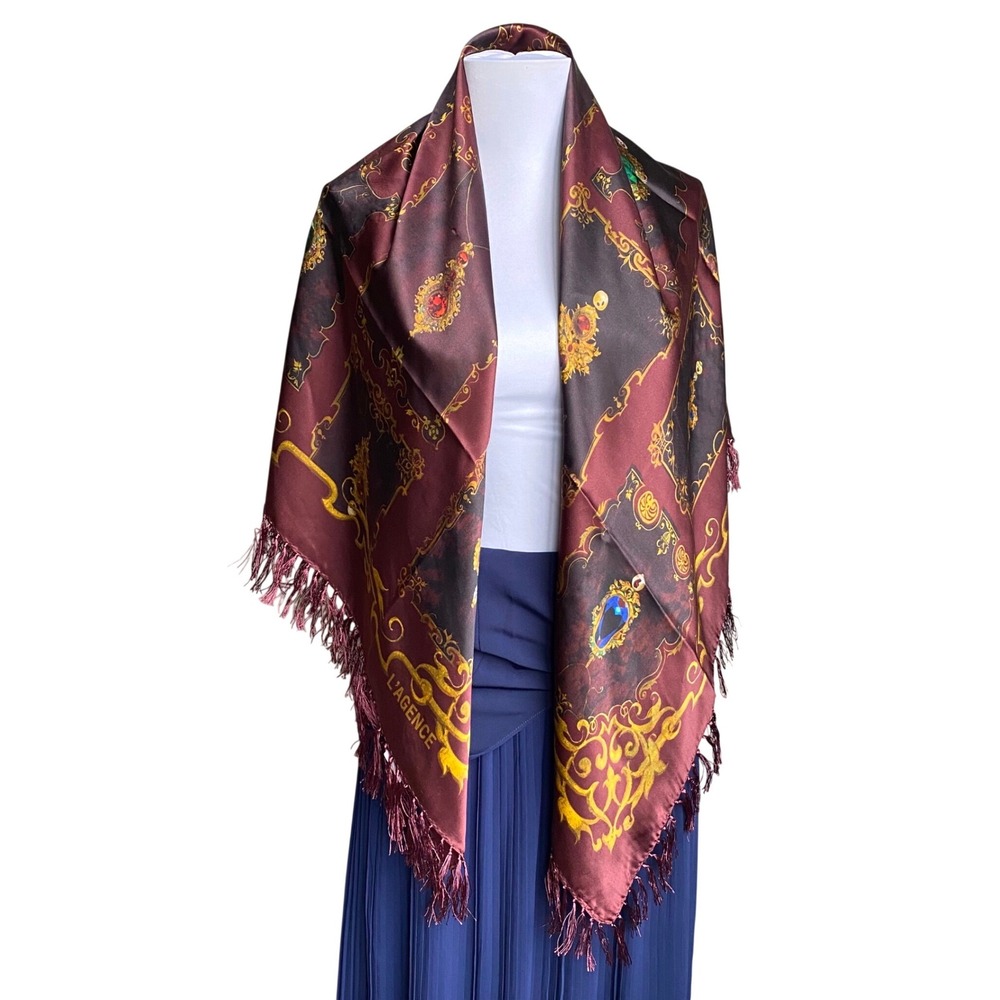 NEW L'AGENCE 100% Silk Fringe Scarf Wrap Shawl 42" Jewel Gem Print Chic Designer